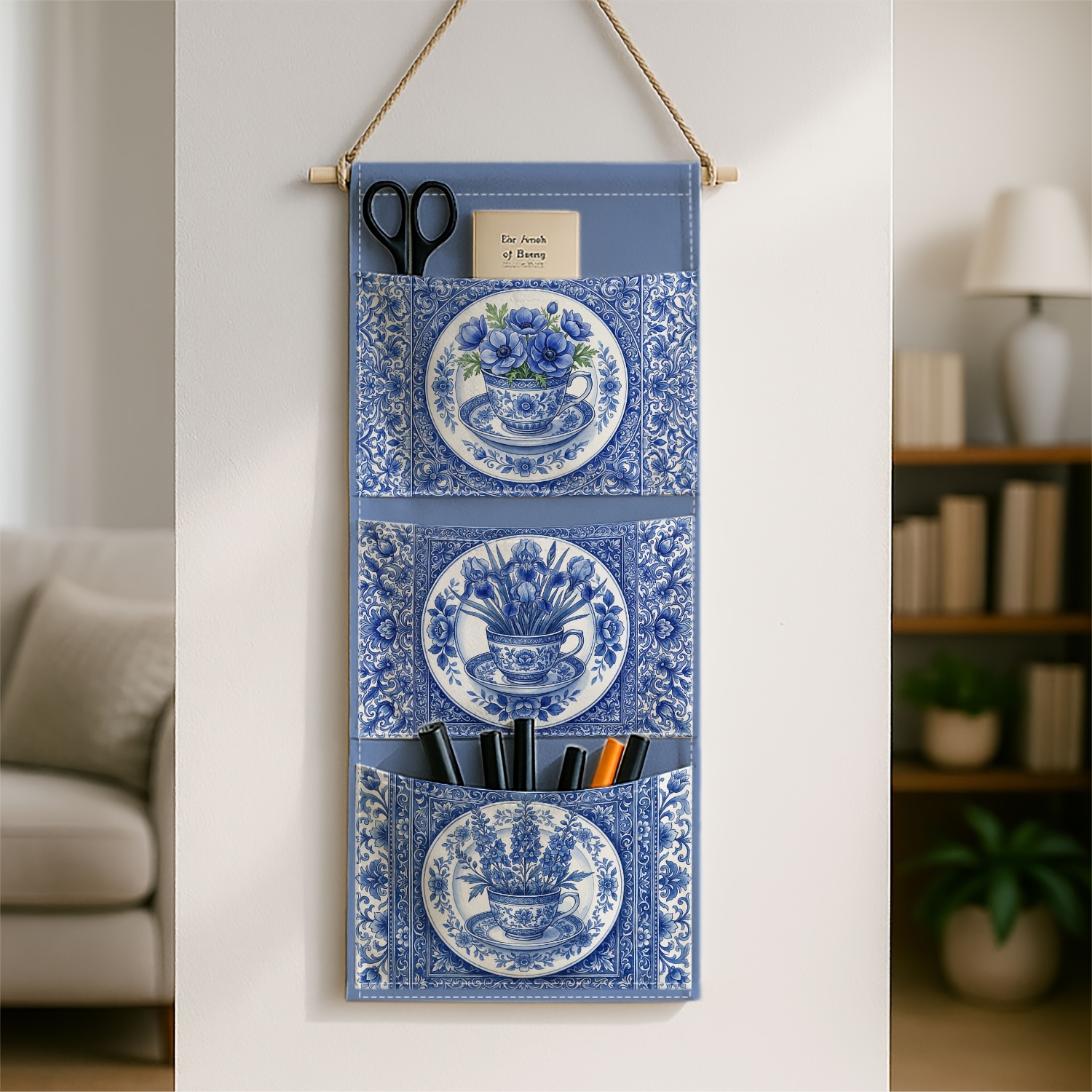 TEMU 1pc Blue And White Porcelain Functional Storage Solution, Vintage Plate Rack Design, Multi-tier Fabric Hanging Organizer, Ideal For Additions,