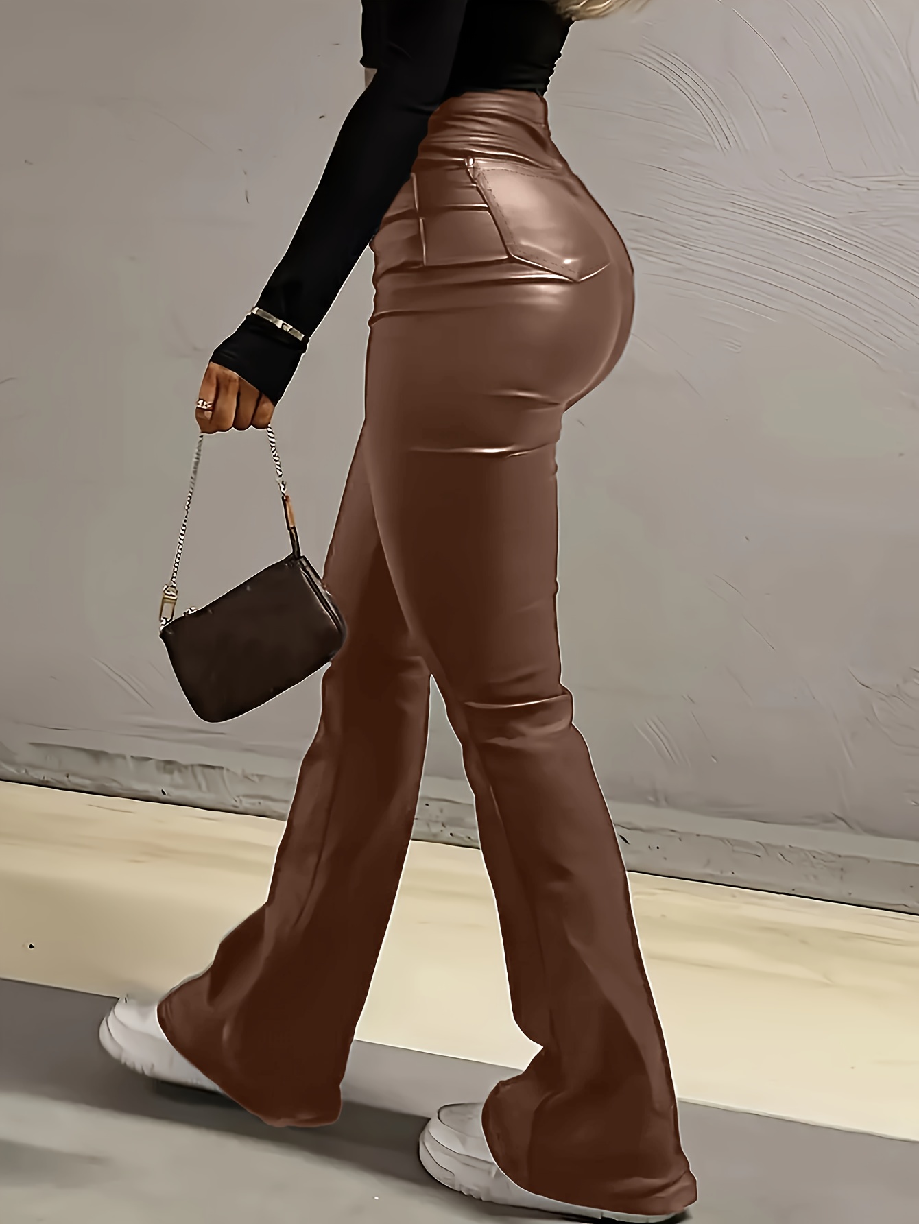 Elegant High-Waist Stretch Flare Jeans for Women - Comfort Fit with Pockets, Non-See-Through, Solid Color