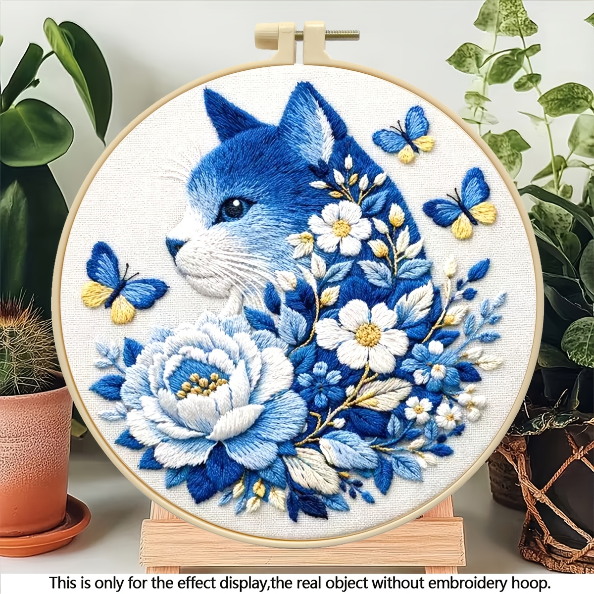 TEMU 1 Ensemble de Kit de Broderie Imprimée, Facile à Utiliser pour Débutants, Chat Bleu, Motif en Porcelaine Bleue et Blanche, Kit de Broderie ,