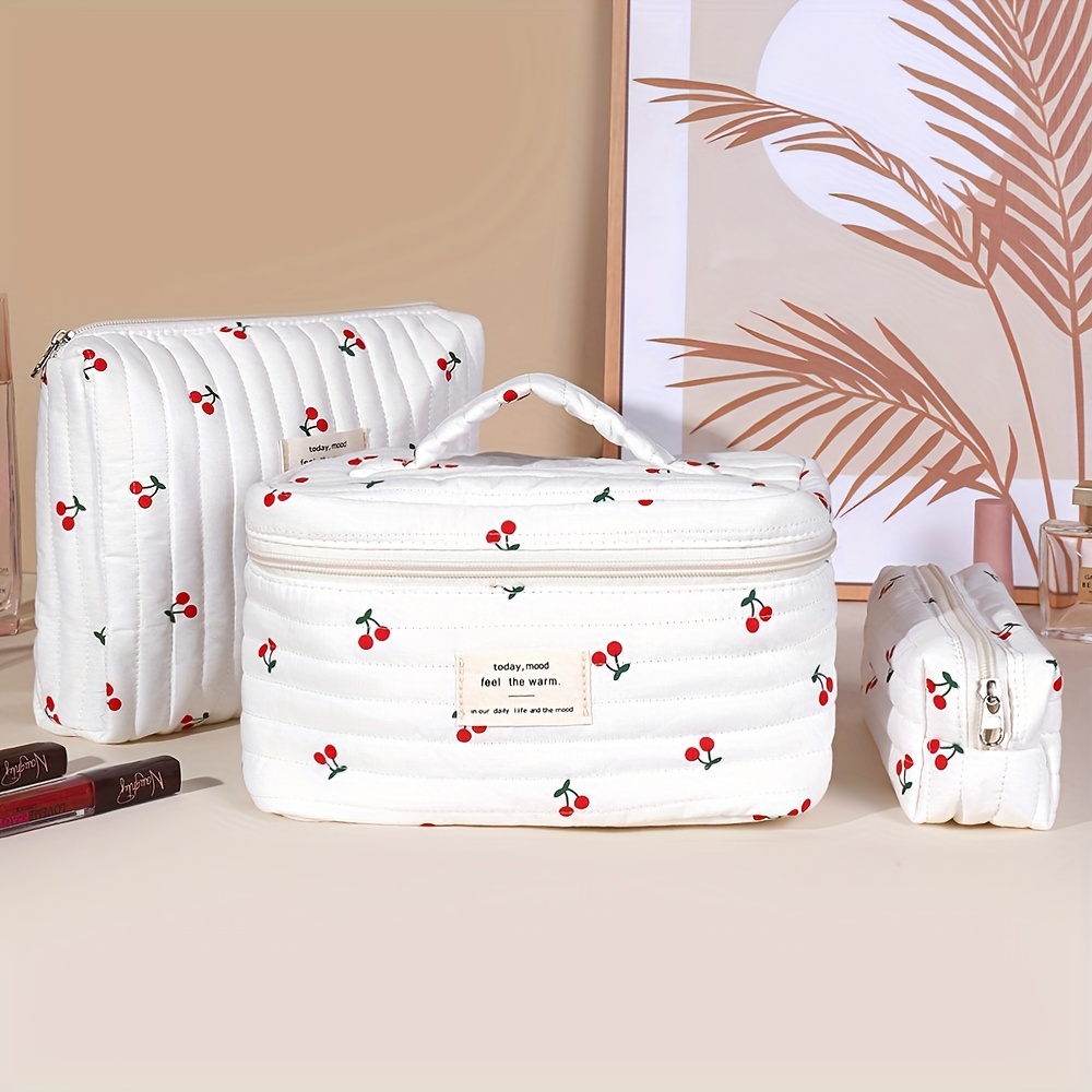 

3-piece Cherry Print Cotton Cosmetic Bag Set, Makeup Pouch For Women, Versatile Toiletry Organizer For Travel, Striped Quilted Design, Gift Item