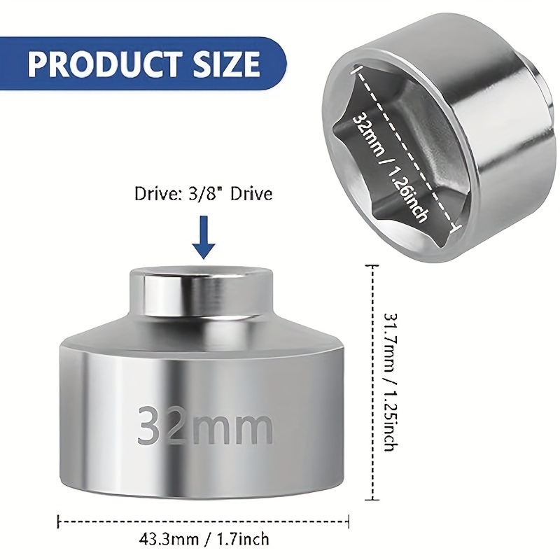 32mm Socket-oil Filter Wrench Tool,steel Quickly Oil Filter Removal Tool,3/8inch Drive Oil Filter Socket Tool