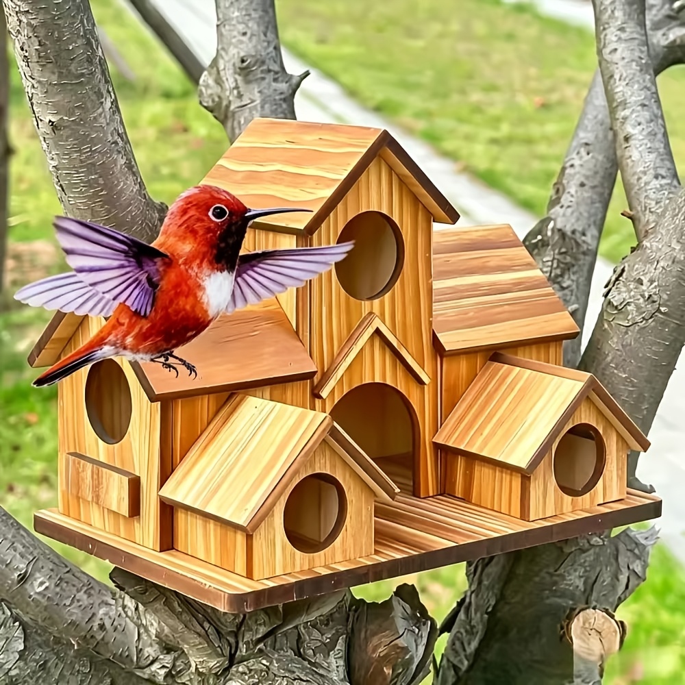 TEMU Outdoor Country-style Wooden Birdhouse - Villa-style Hanging Bird Feeder - Paintable With Multiple Compartments - Garden Decoration To Birds -