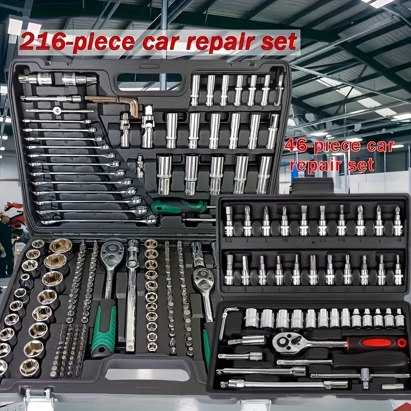 d92fb9b3-a99f-4740-8c55-3e592bda7a32.jpg 216/46-delige Mechanic Socket Set, Autoreparatiegereedschap, 1/2 1/4 3/8 SAE & Metrische Maten, 72-Tand Ratelsleutelset
