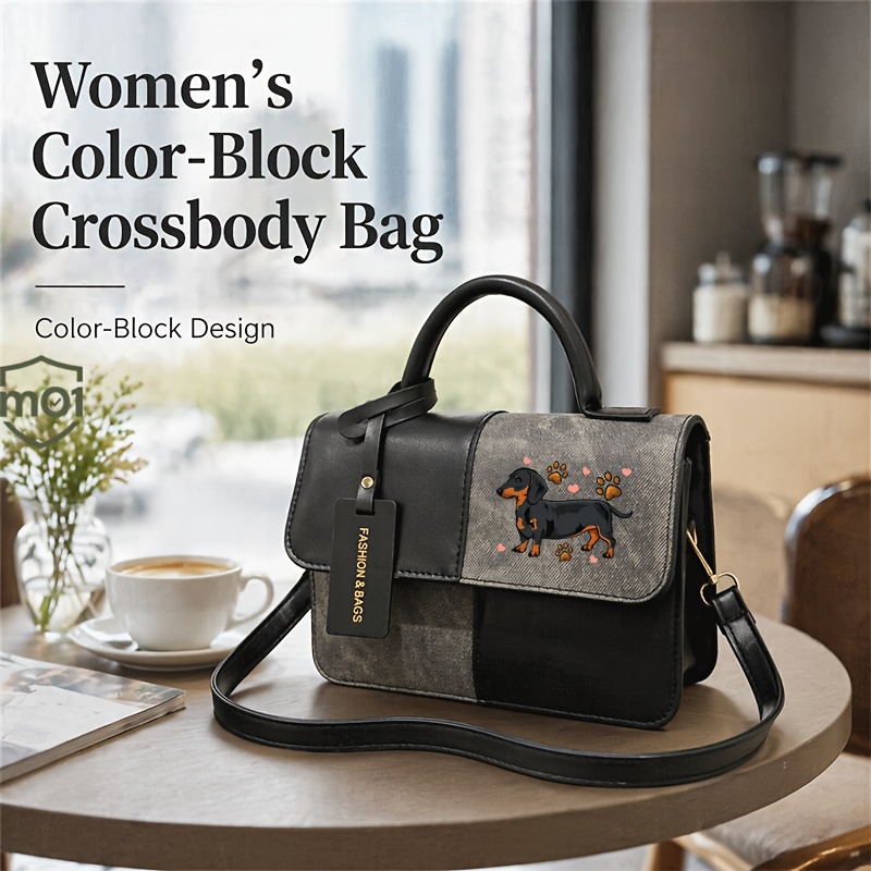 TEMU 1pc Women's Handbag Cute Dachshund Dog Pattern Print Featuring A Vintage Square Shape Color- Magnetic Closure And Adjustable Shoulder Strap