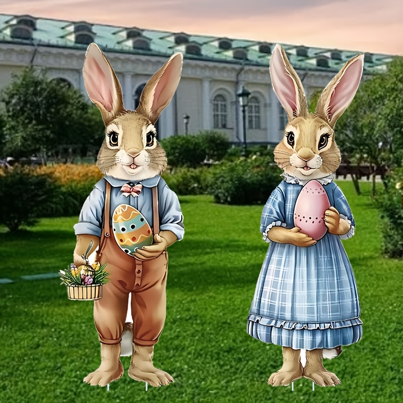 

2pcs Of Rabbit Garden Stakes With Wooden Posts, Easter Decorations For Lawns, Outdoor Yard Signs, Party Decoration Rabbits For Yard Wooden Stakes, Easter Garden Party Supplies And Props.