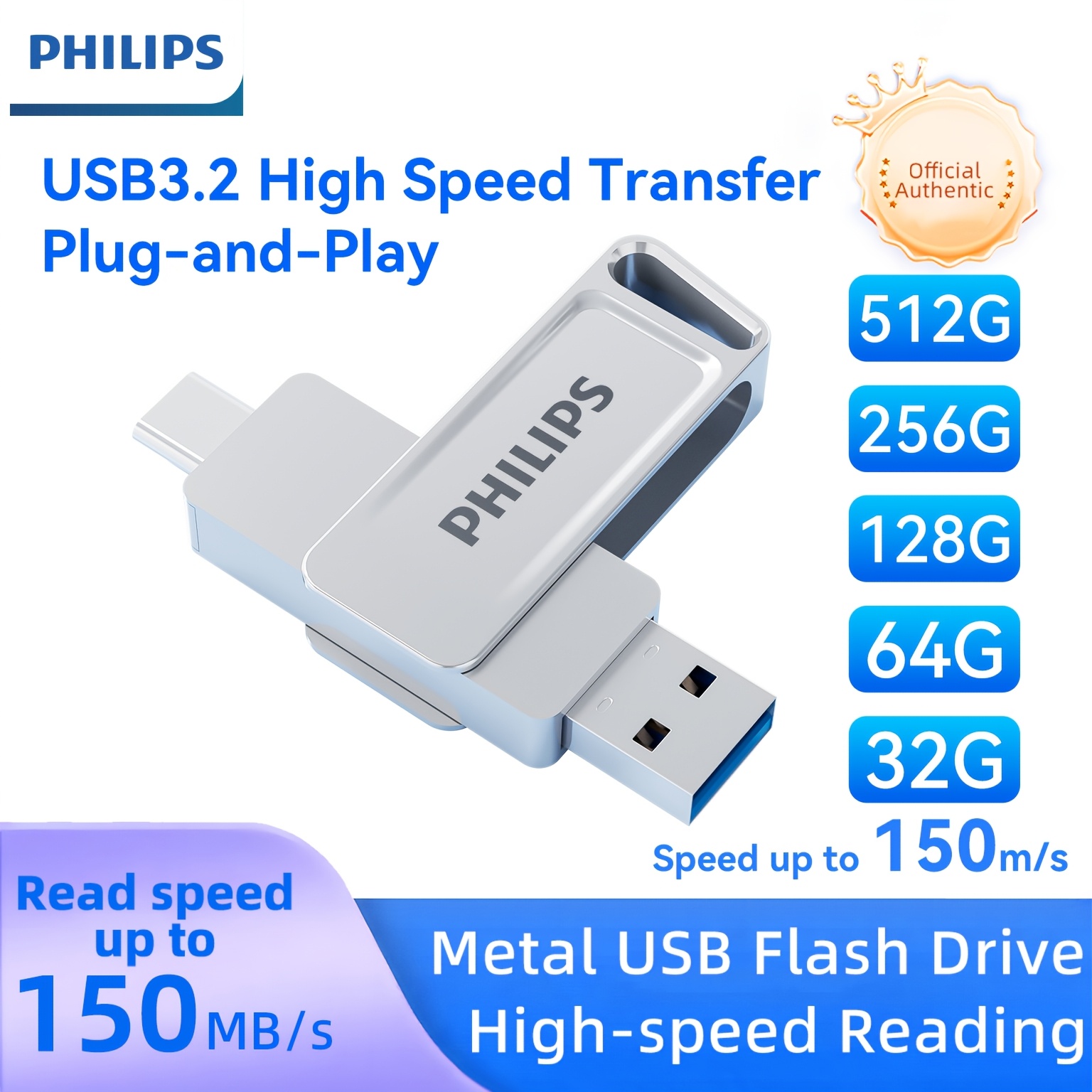 Chiavetta USB C 512 GB 2 In 1 USB A E Type-C In Metallo - OTG Per Smartphone E PC