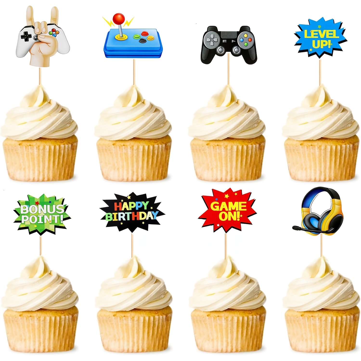 Image of 24pcs Game Cupcake Toppers Game Controllers Headset Cupcake Toppers Decoration For Game Theme Party Birthday Party Supplies