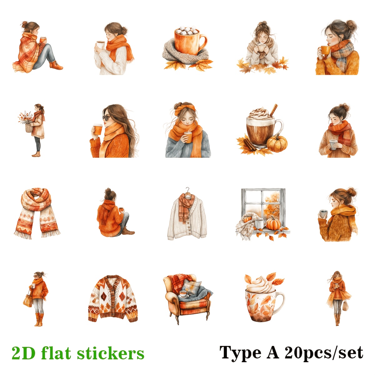 TEMU Pegatinas 2D de 20 piezas/set, creativas, hechas a , de bufanda de otoño vintage a , de calidad, para decoración de diarios y álbumes de