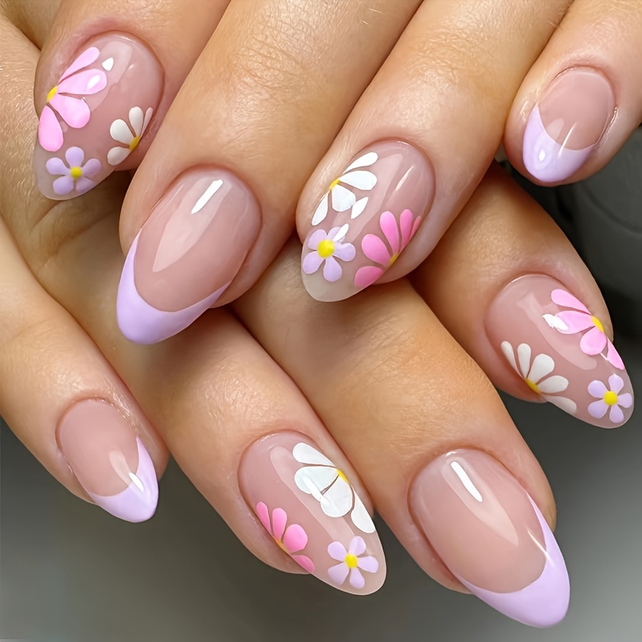 24 Pressed Flower Nails - Short Oval Full Cover Acrylic Fake Nails, Pink And Yellow Daisy Design, Suitable For Women And, Fashion Accessory | Nail Stickers | Decorative Nail Set, Nail Additions