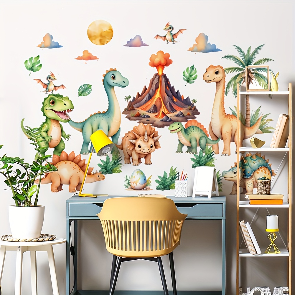 Cartoon Cute Dinosaur Volcano Theme Wall Sticker Suitable For , Kindergartens, Bedrooms, Living Rooms, Sofas, Background Wall Decoration