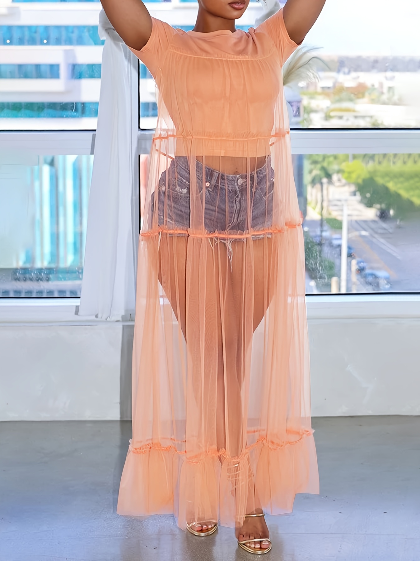 sheer mesh t shirt dress Plus Size - Relaxed Tea Length Mesh T-Shirt Dress