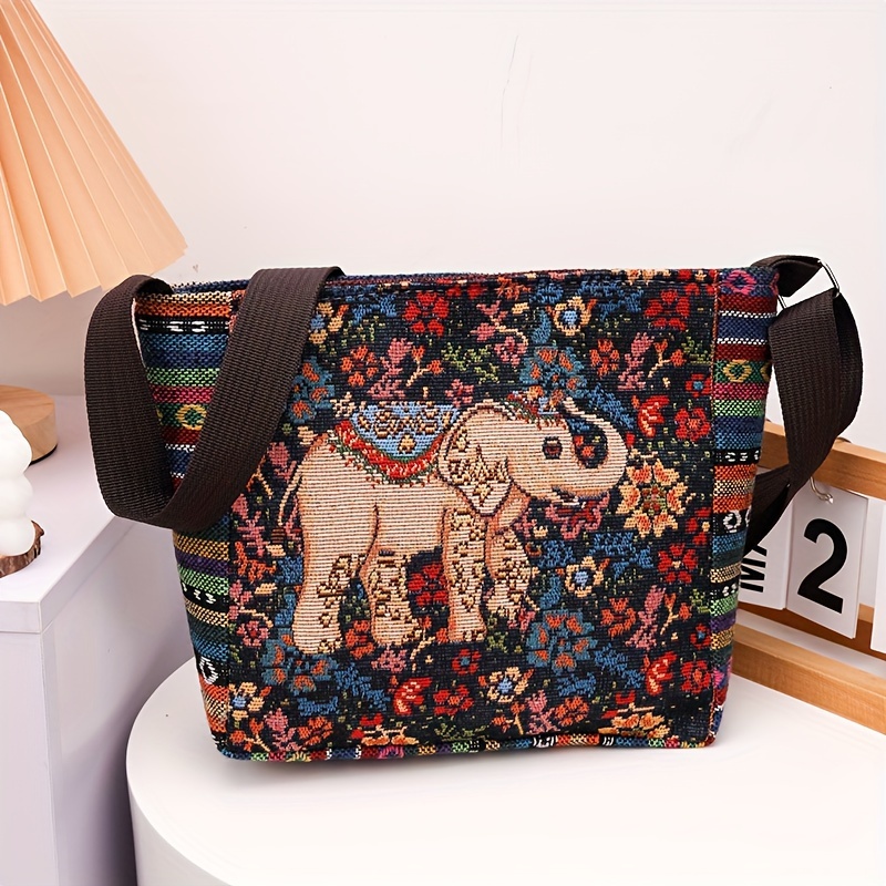 Bohemian Elephant Print Tote Bag - Ethnic Woven Tapestry Shoulder Bag, Large Capacity Casual Hippie Style Handbag For Women, Adjustable Strap