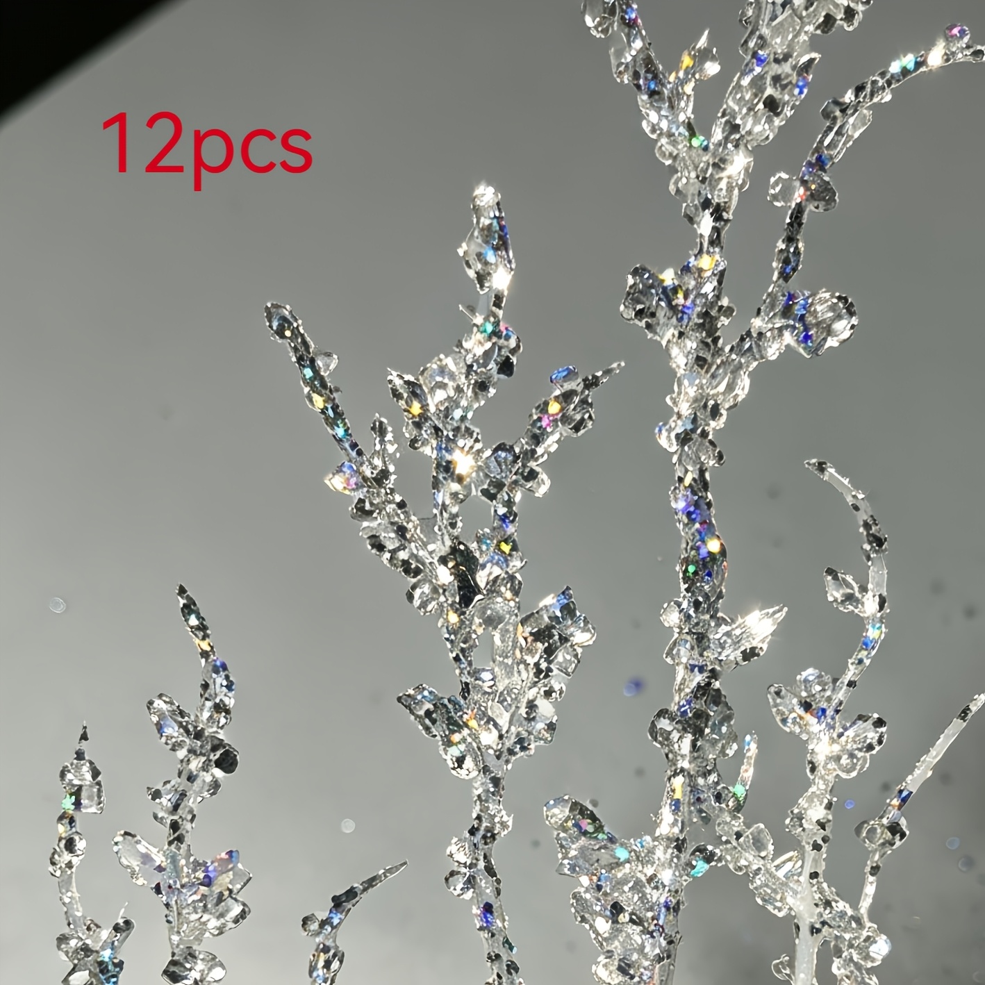 TEMU 12pcs Simulation Glitter Crystal Silvery Simulation Twigs, Suitable For Wedding Floral Materials, Wreath, Vase Filling, Christmas Floral