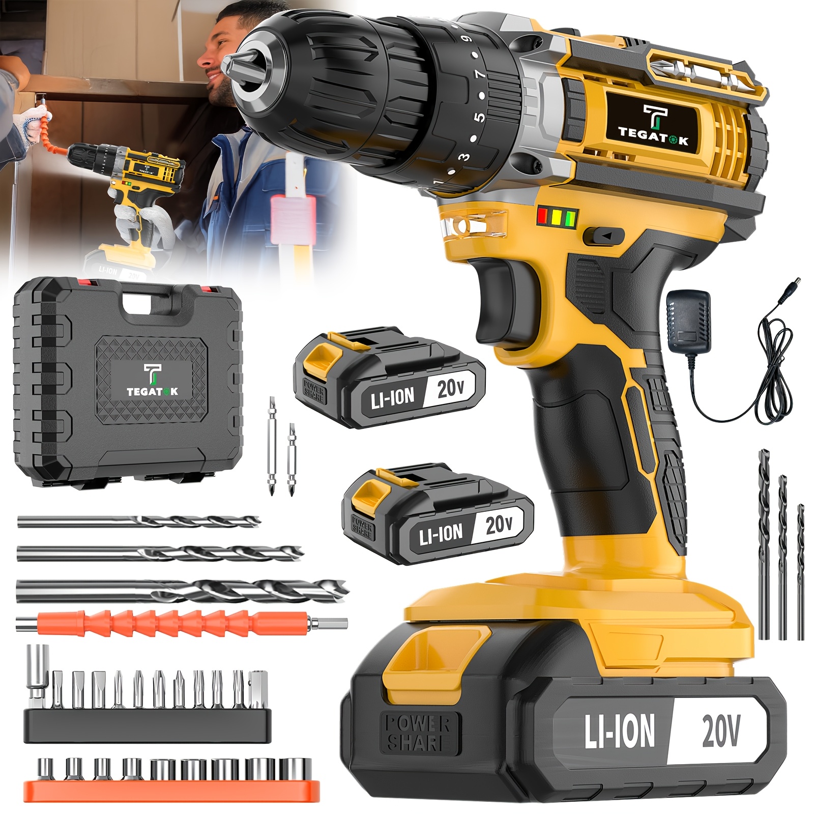 TEMU Tegatok 20V Trapano Avvitatore a Percussione Cordless per Uso Industriale & per Necessit� Domestiche Gravose - Senza Chiave da 3/8 di Pollice,