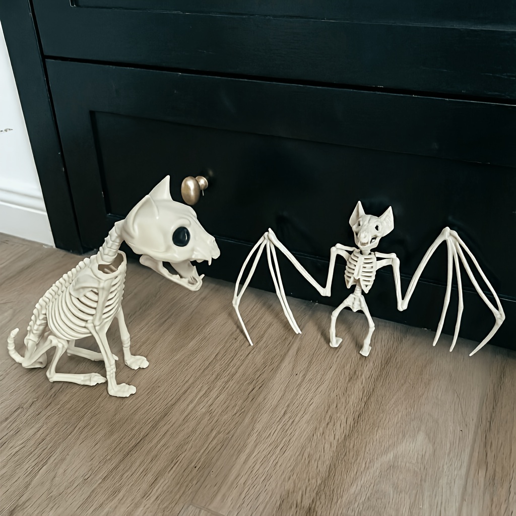 TEMU 2pcs Halloween Realistic Kitten Bat Skeleton Decorative Ornaments, Head And Jaw Movable, Suitable For Garden Lawns, Spooky Fun Decorations For