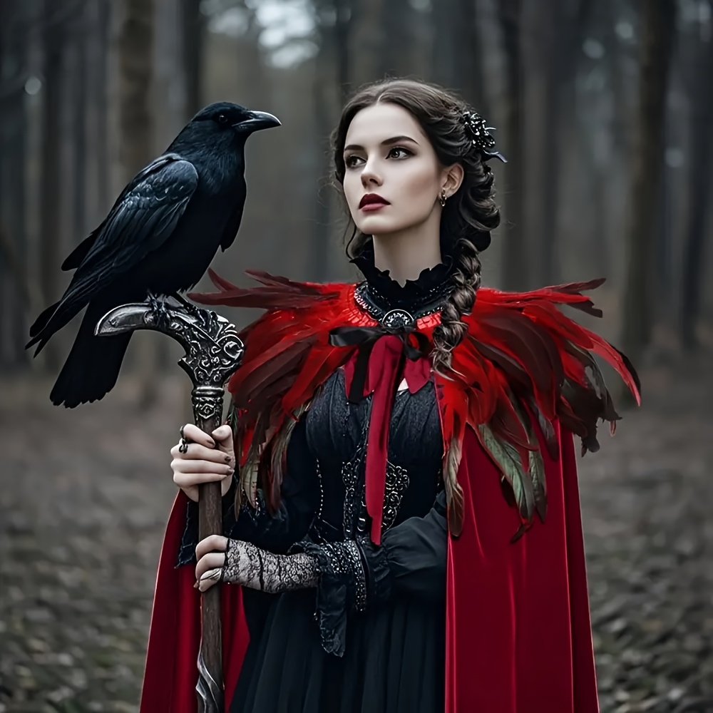 gothic witch costume set with black velvet cape and feather shawl