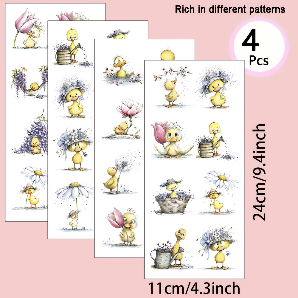 TEMU 4pcs/set Watercolor Floral Ducks Theme Uv Transfer - For Crafts, Mugs, Laptops & Water Bottles, Self-adhesive Plastic, Mug Decoration, Laptop,