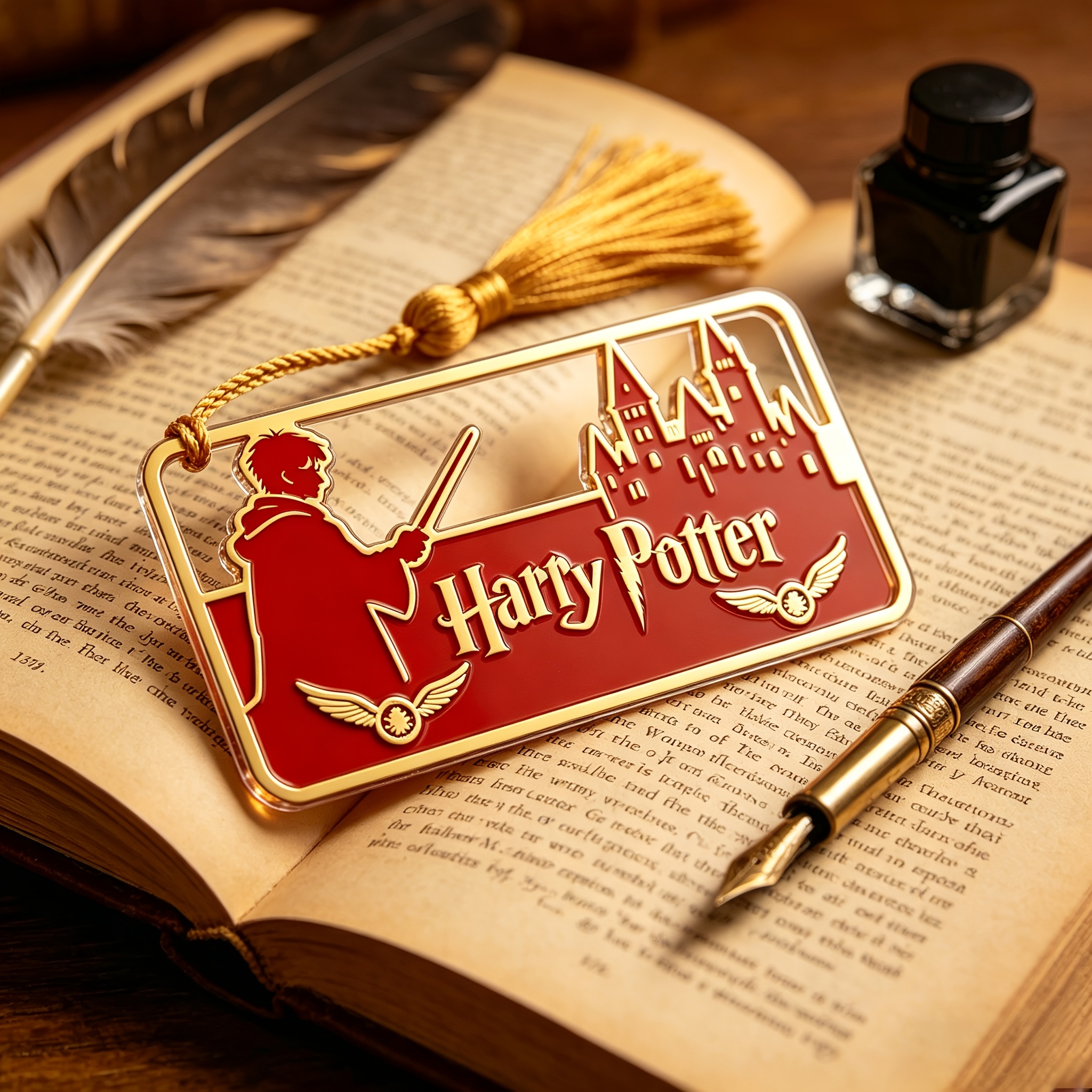 TEMU 1pc Wb Licensed Harry Potter Bookmark - Wand-shielding Hollow Acrylic Bookmark Suitable For Books, Themed Gifts, Supplies, Color-coded Iconic