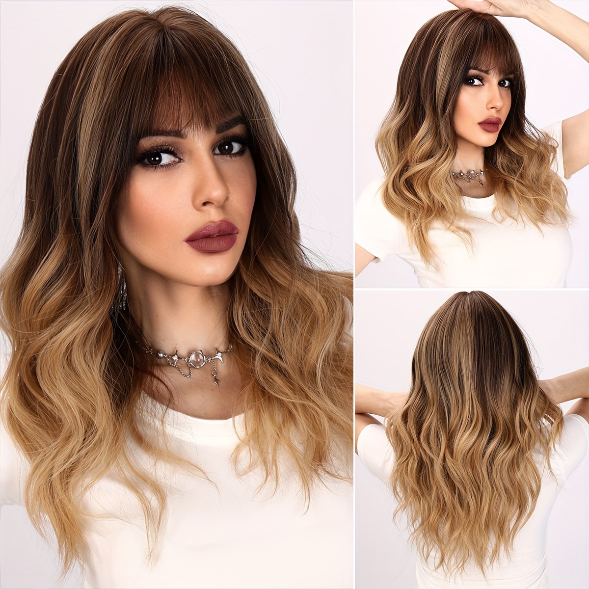 

22-inch Synthetic Fiber Brown To Golden Ombre Loose Wave Natural Bangs Wig, Suitable For Showcasing Charm On Daily Outings