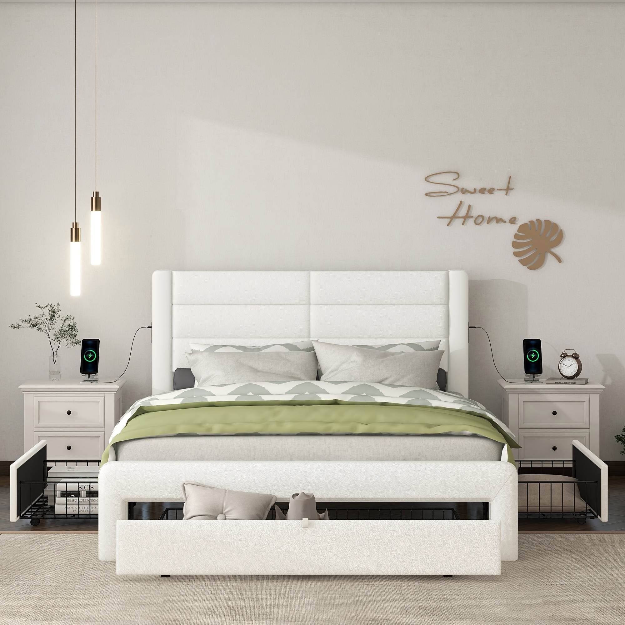 

Large Size Platform Bed Frame With 3 Storage Drawers And Headboard, Leather Large Storage Bed With Solid Wood Slats Support, Noiseless, White