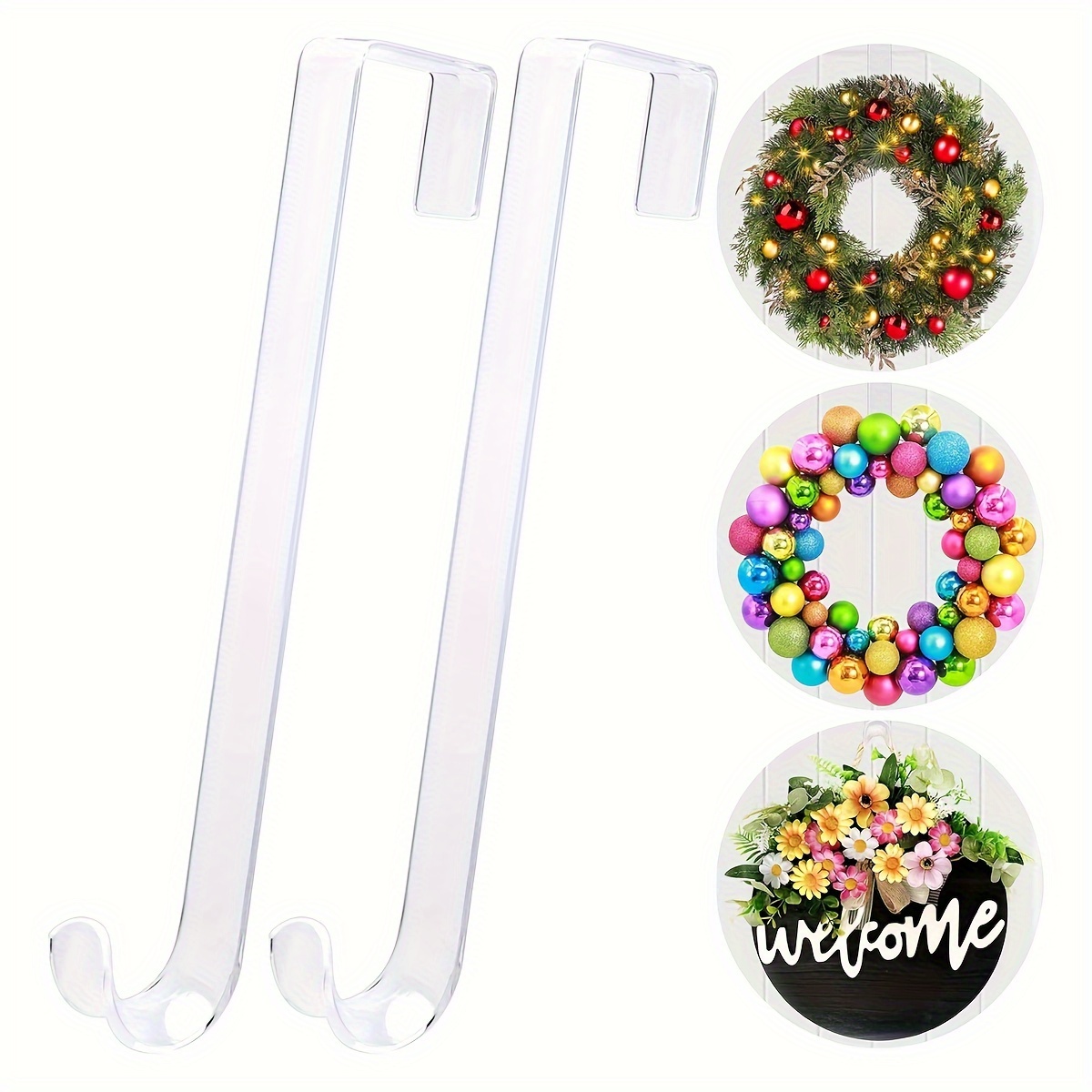 

Classic Style Plastic Wreath Hangers - 12" & 15" Clear Over-the-door Hooks For Christmas, , Easter Decorations - Non-scratch Wreath Holders For Front Door Welcome Signs And Floral Arrangements