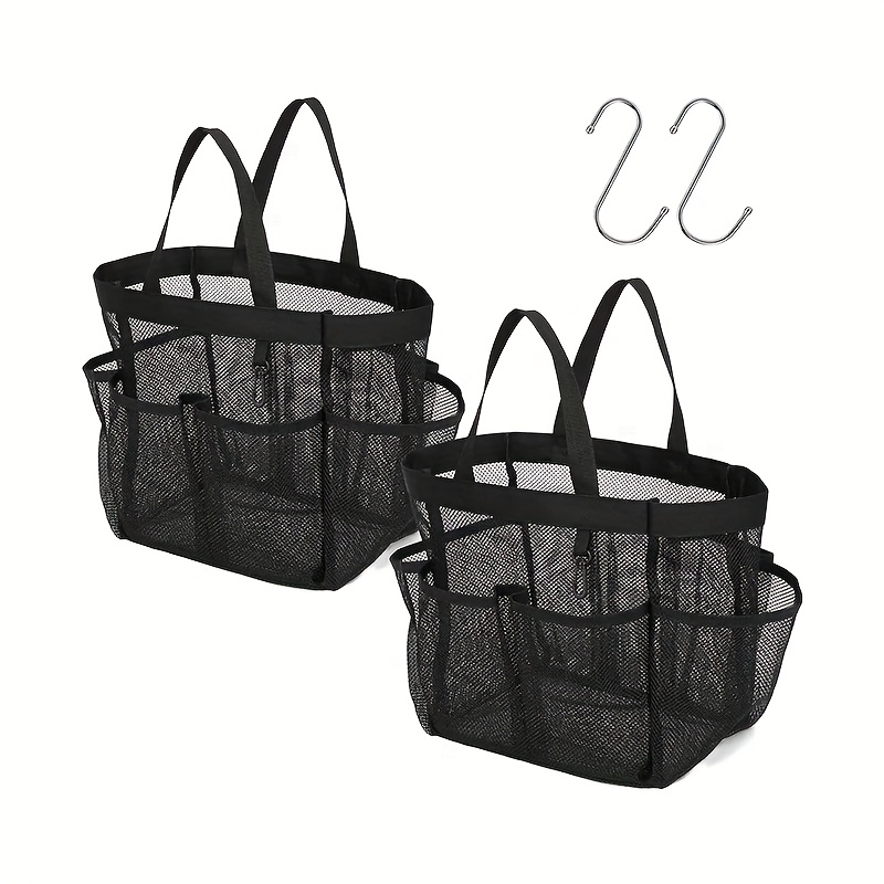 Image of 2pcs Portable Large Capacity Shower Caddy Tote Bag With S-hooks, Essential For College Dorms, Bathroom Supplies, Gym, Rv, Black