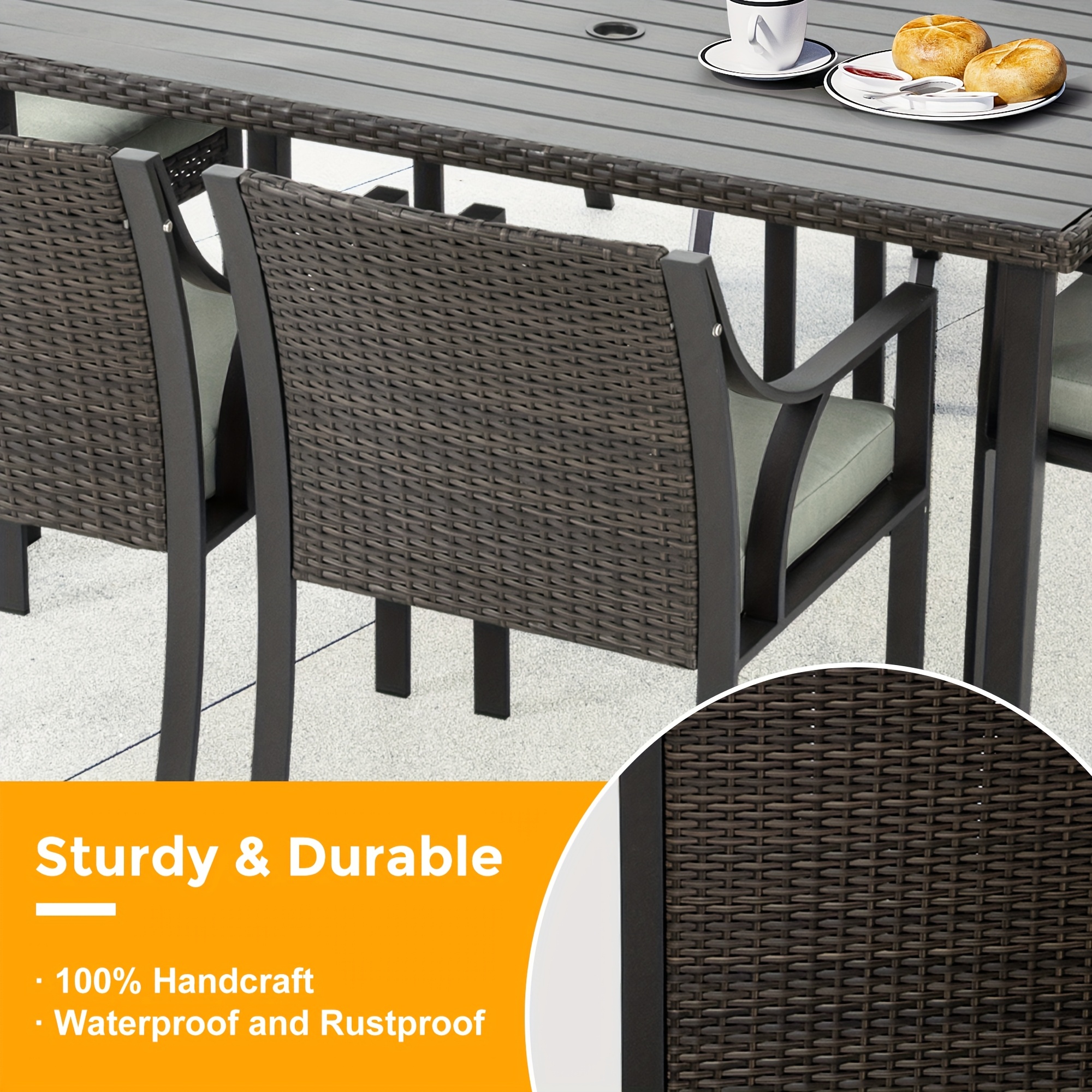 Patio 7pcs Patio Dining Set, All Weather PE Rattan Dining Table Set, Outdoor Dining Sets for 6, Metal Dining Table with Umbrella Hole & 6 Cushioned Chairs for Patio, Yard, Porch