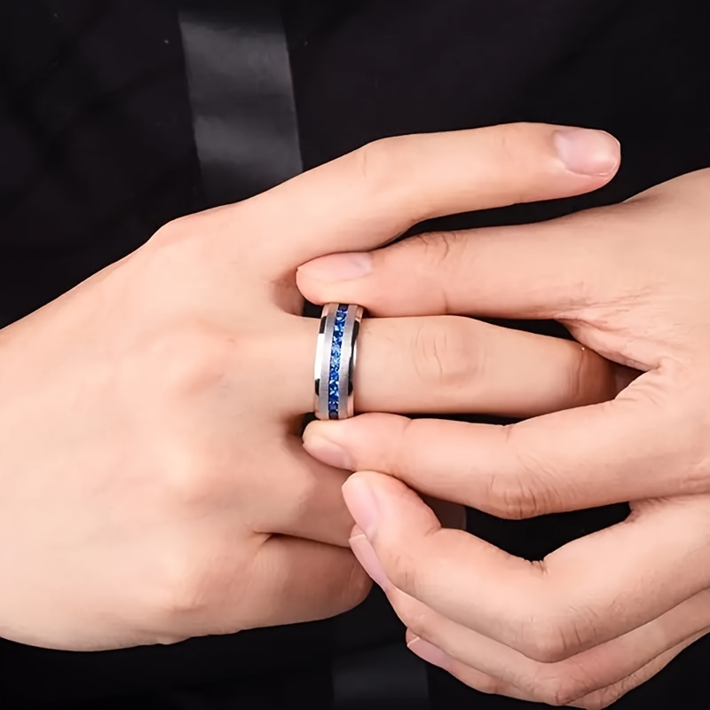 8mm Stainless Steel Wedding Ring with Rhinestone Inlay