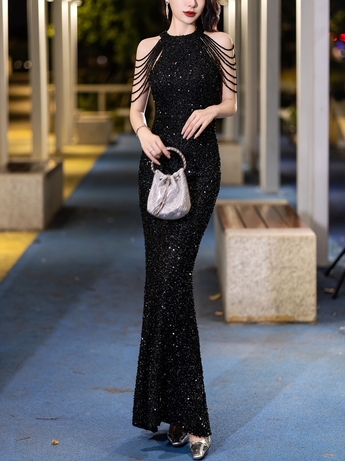 fitted lace wedding dress Multi-layer Shiny Elegant Dresses for Women,Luxury Party Dress,Black P –  formalgowns
