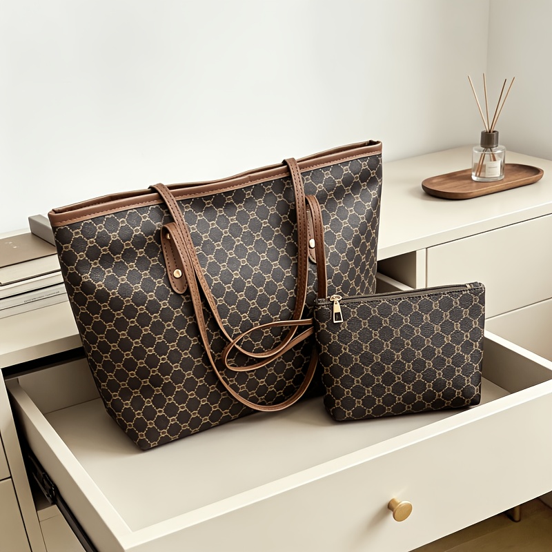 TEMU Borsa tote da donna 2 pezzi con stampa vintage di grande capacit� + borsetta abbinata, borsa a spalla singola , borsa multiuso per pendolarismo,