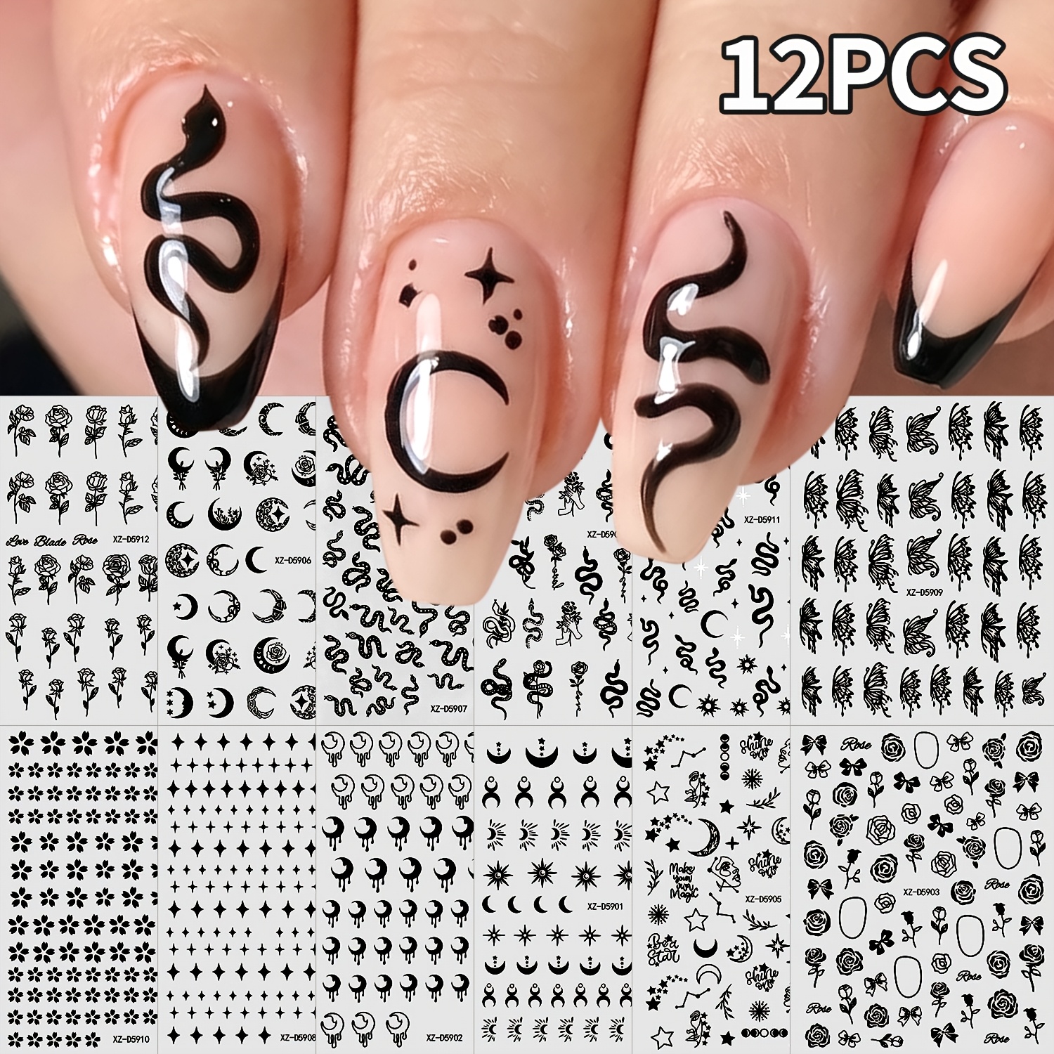 TEMU Black Tiny Nail Art Stickers 12 Sheets, Gothic Flower Snake Rose Nail Decals, Self Adhesive Diy Manicure Decorations For Women