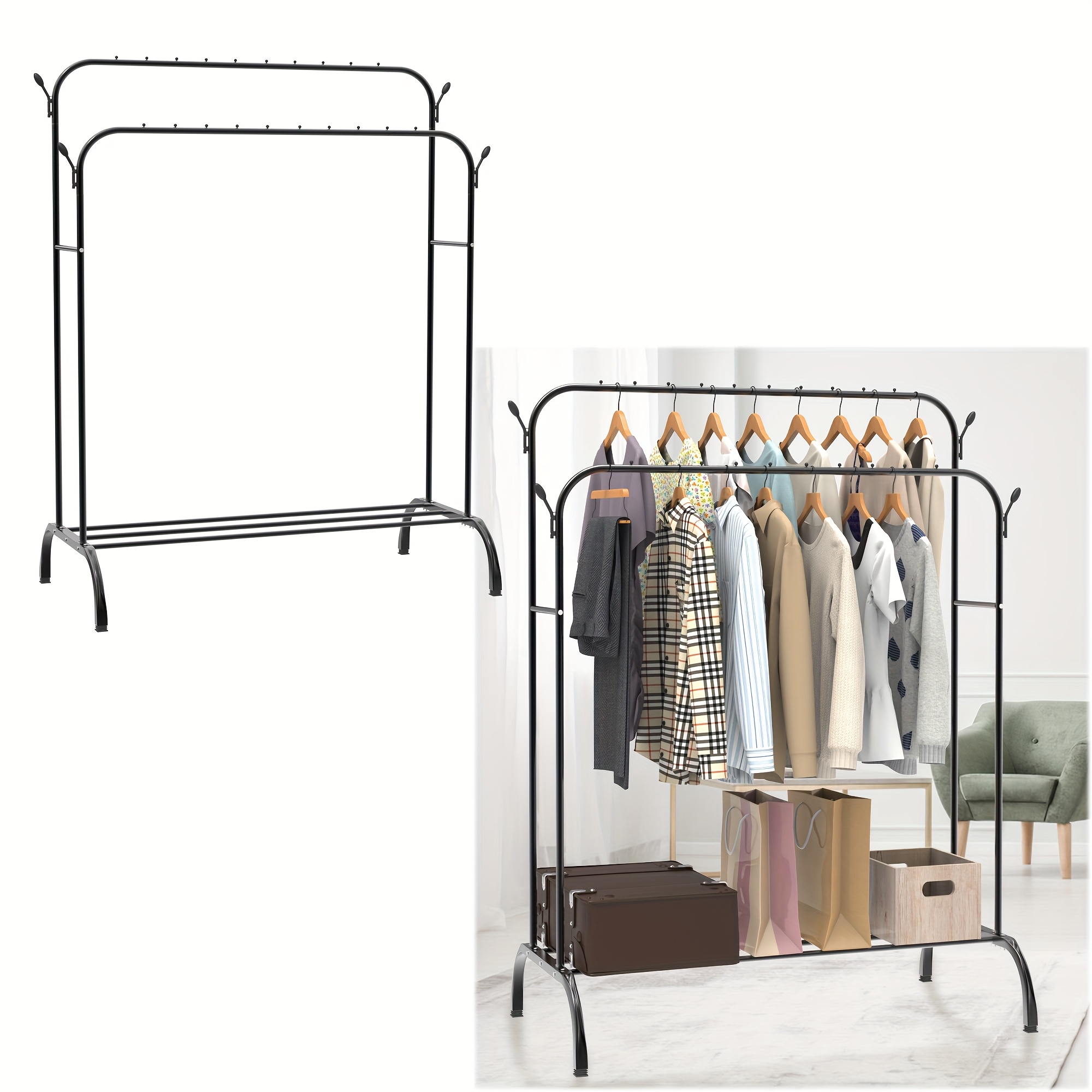 E-shop Kleiderstange, Garderobenständer, Kleiderbügel, Doppel, für Schlafzimmer, 110X150X30 Cm, , Metall, mit Schuhhalterung, Organizer, Einfache