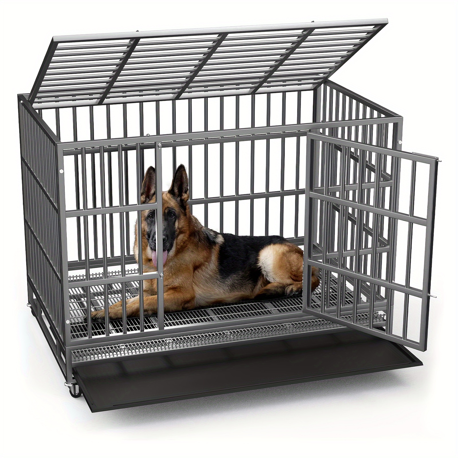 

Lemberi 48/38 Inch Heavy Duty Dog Crate, Escape Proof Dog Cage Kennel With Lockable Wheels, High Anxiety Double Door Dog Crate, Extra Large Crate Indoor For Large Dog With Removable Tray