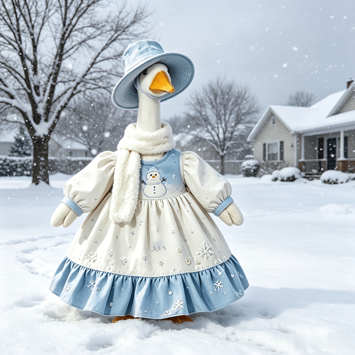 TEMU 23 Inch Porch Goose Outfit, Winter Snowman Goose Costume Set, Blue White Snowflake Print Dress With Scarf & Wide Brim Hat, Lawn Goose Statue
