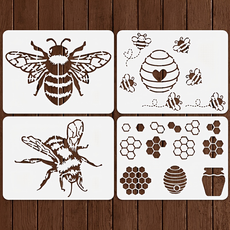 4pcs Bee & Honeycomb Painting Stencils - 8x6" | Versatile For Wood, Canvas, Furniture & Wall Art | Queen Bee, & Honeycomb Designs | Durable Ivory Plastic Templates, Stencils For Painting