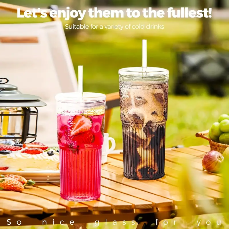 22 5oz set of 2 glass cups with lids and straws pink clear glass water cups for iced juice tea milk smoothies and cold or hot drinks glass iced tea cups Product details 5
