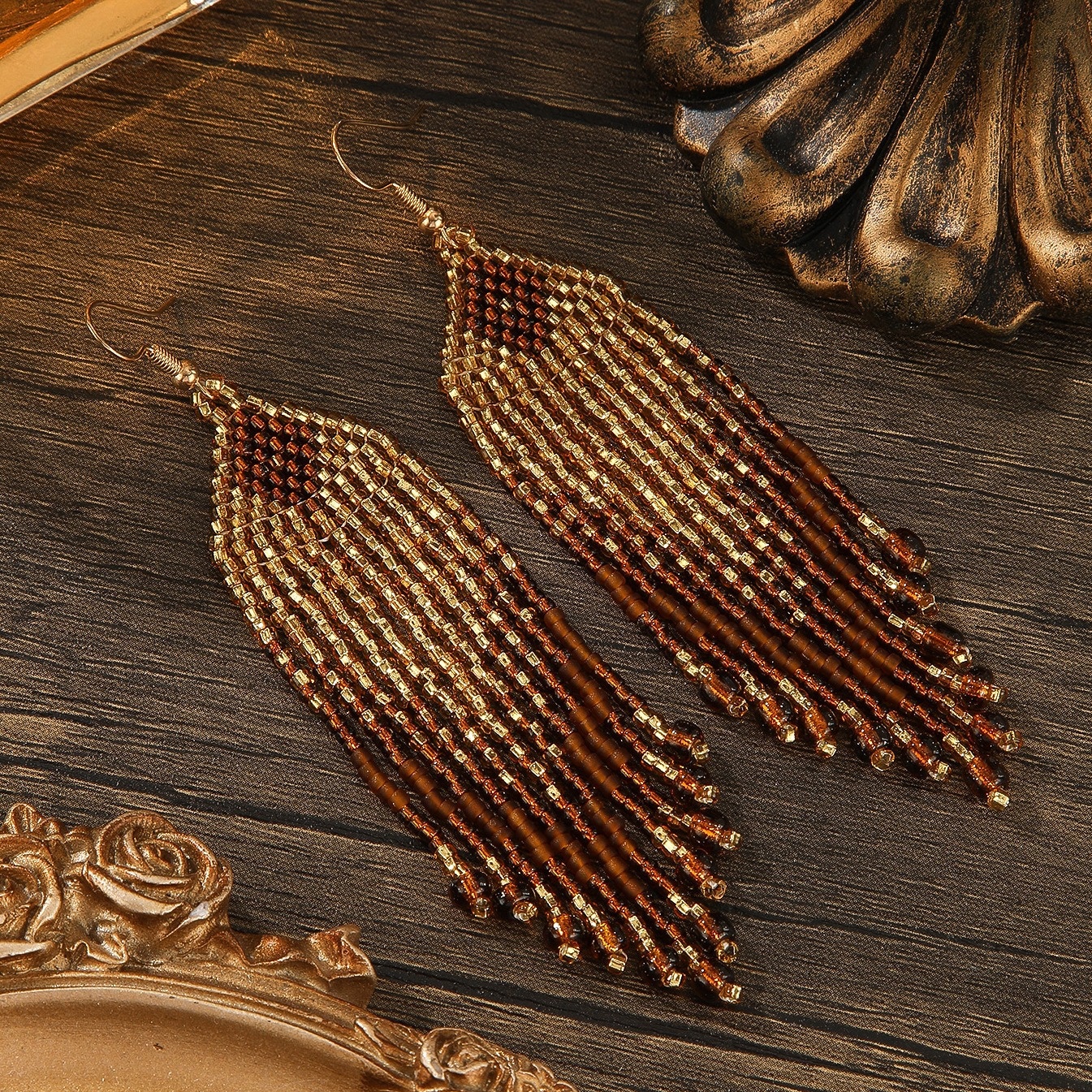 E-shop Damenmode Böhmische Quastenohrringe Vintage Stil Urlaubsstil Gelb Braun Geometrisches Rhombus Muster Farbverlauf Quasten Hänge Ohrringe Schwing