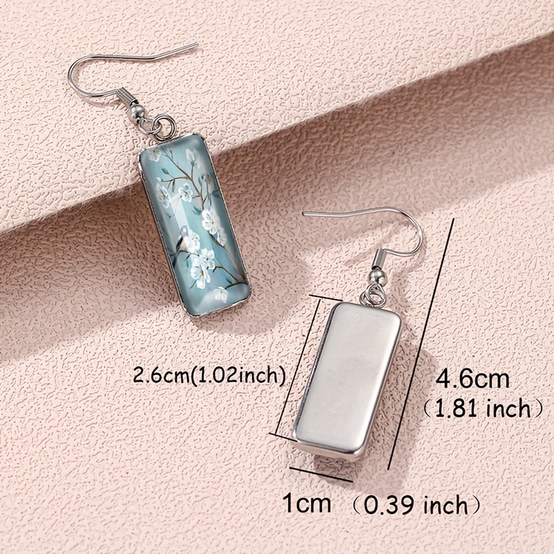 Vintage Floral Bird Painting Rectangular Hook Dangle Earrings