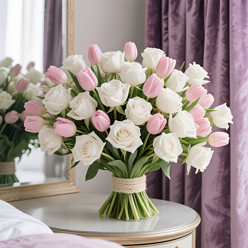 Image of 20pcs Combination Bouquet - Artificial Flowers, A Mixed Set Of 10 White Roses + 10 Pink Tulips, Suitable For Wedding, Photography, Indoor And Outdoor Home Decoration, Mother's Day