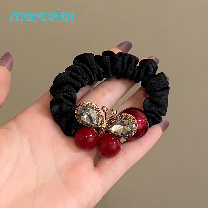 TEMU Marcolor 1pc Light Luxury Ankole Red Rhinestone Hair Tie, Adjustable Position, Temperament Women's Hair Rope Elastic Band, Diamond Embellishment