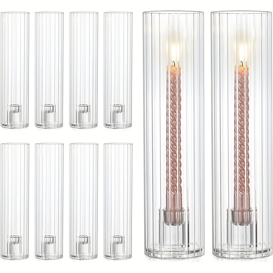 TEMU 10pcs Set Hurricane Candle Holders, Thickened Ribbed Cylindrical Flare Cone Glass Candle Holders, Tall Candle Holders For Wedding Table