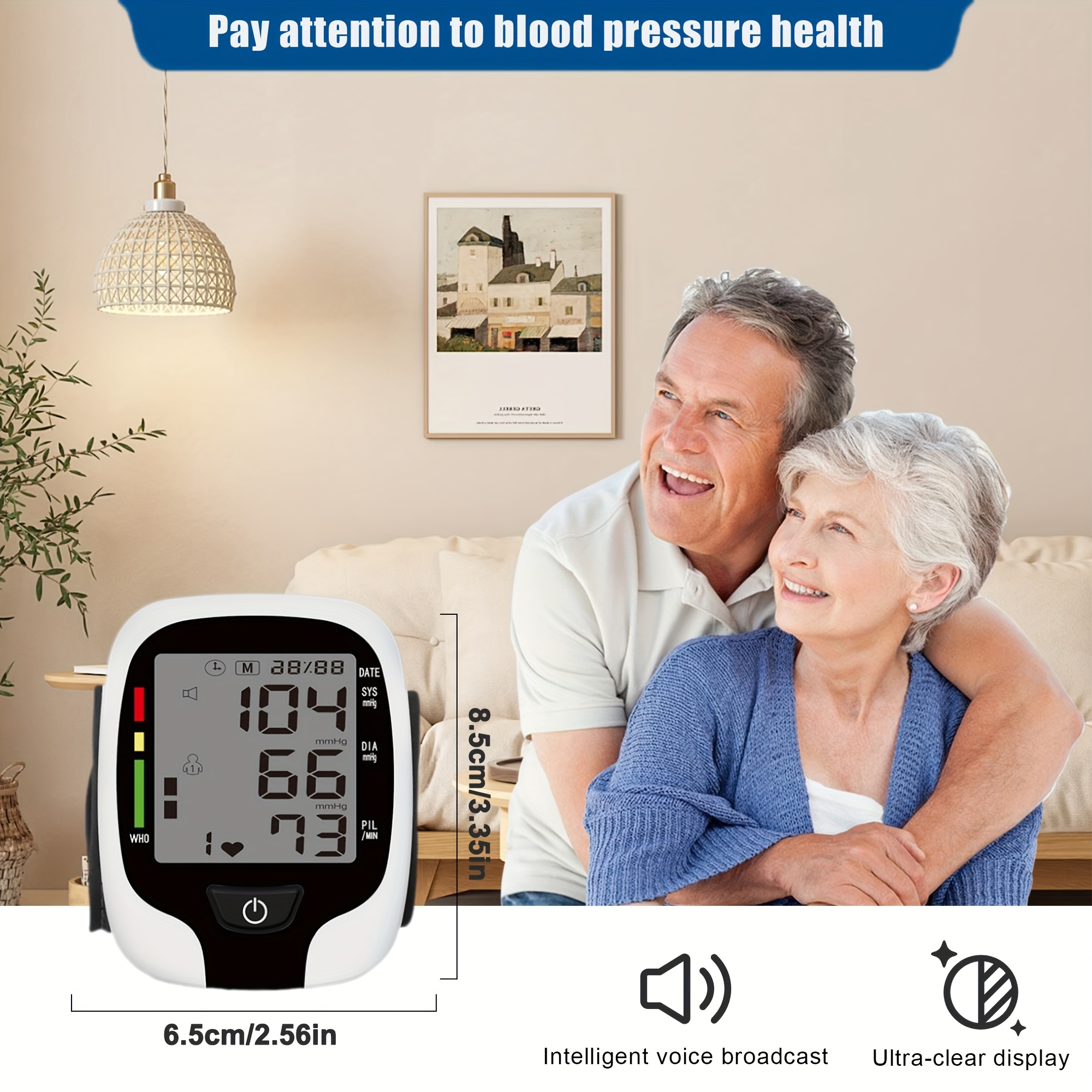   wrist   lcd display adjustable cuffs arrhythmia and   monitor   broadcast and easy to read lcd screen to show your blood pressure battery powered battery not included Product details 4