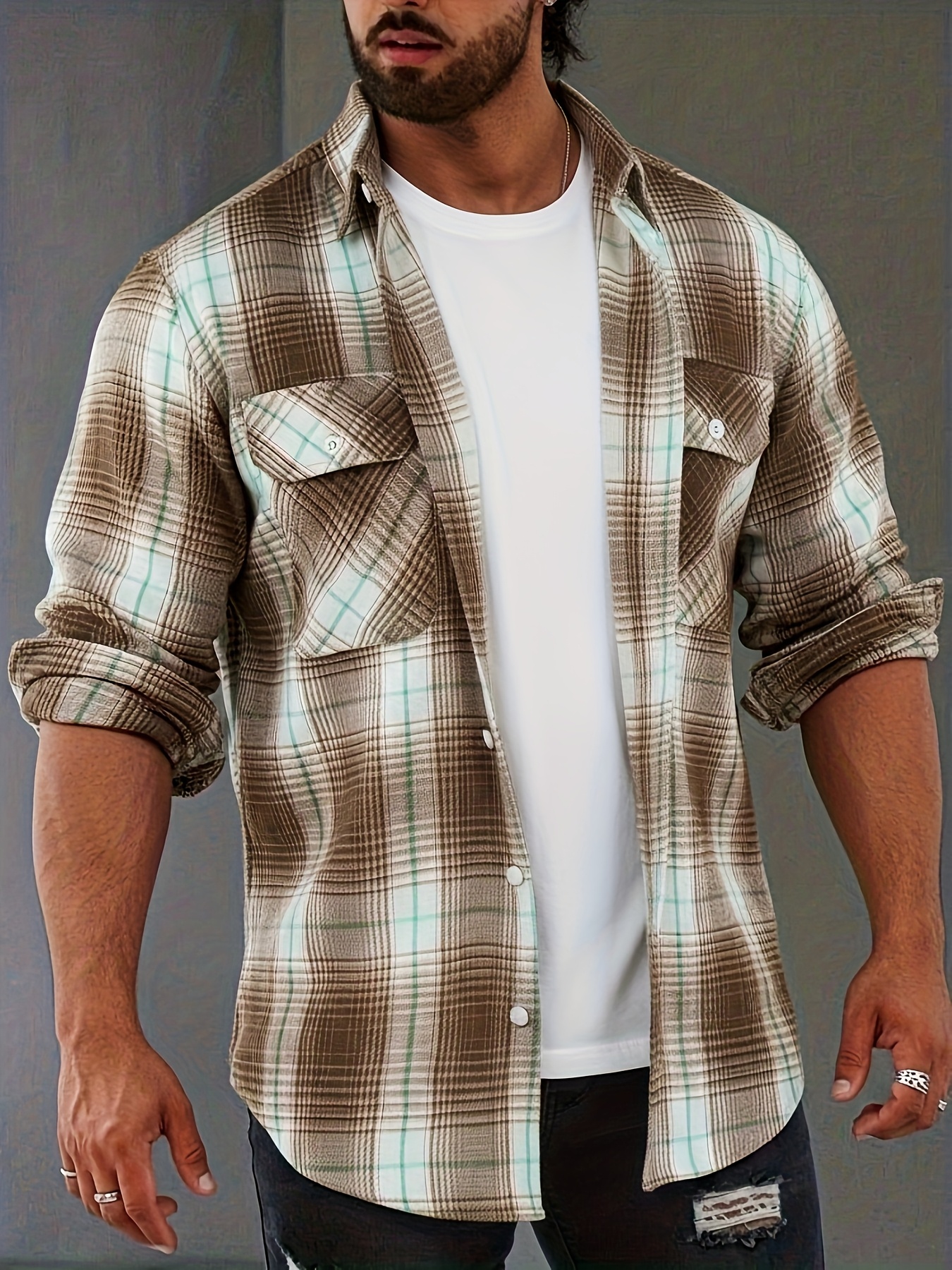 Chemise à Carreaux Homme — Vintage & Décontractée Chemise Vintage à Carreaux Verts et Marron pour Homme, Style Décontracté à Poches Doubles pour Printemps/Automne, Haut Polyvalent, Design Rétro à Carreaux, Coupe Détendue, Lavage à la Main, Tissu Non Élastique, Chemise Homme, Coupe Régulière, Pour Passionnés de Vêtements de Travail, Tenue Décontractée, Taille Chinoise, Veuillez Consulter Attentivement le Guide des Tailles