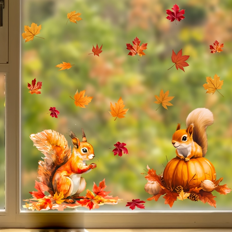Modern Fall-themed Animal Pumpkin Window Decals - Self-adhesive Squirrel Cling Stickers Featuring And A Squirrel Design For Home And Bathroom Decoration - A Visual Enhancement For Glass Surfaces