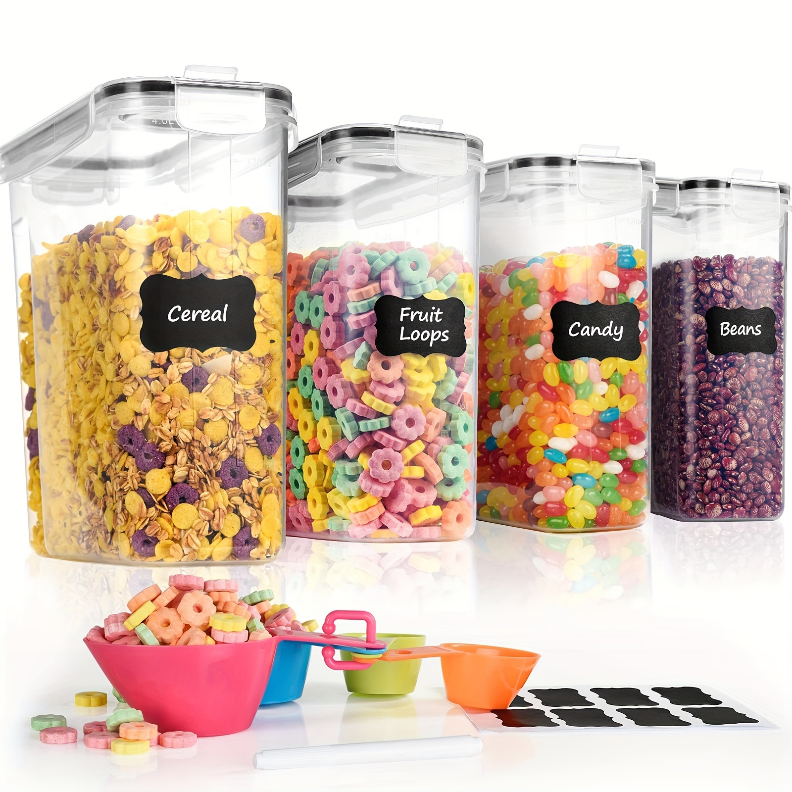 

4pcs Cereal Containers Storage, Airtight Food Storage Containers With Pour Spout For Kitchen & Pantry Organization Storage, Plastic Cereal Dispensers, Measuring Cup & 20 Labels
