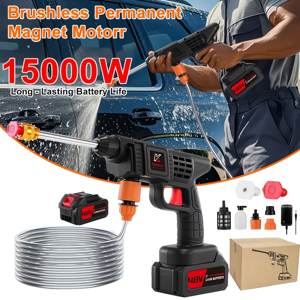TEMU 48vf High-pressure Water Gun - Wireless Foam Spray With Adjustable Nozzle And 1/2 Rechargeable Lithium Batteries, Including 4 Interchangeable