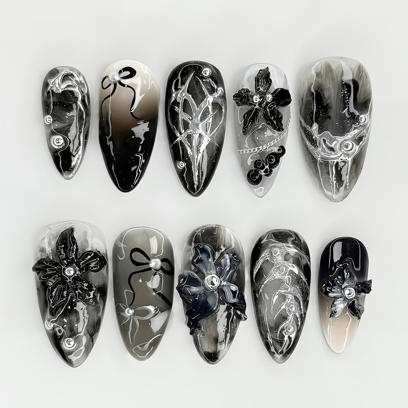 TEMU 10pcs Handmade Long Almond Press-on Nails, Gothic Black Gray Ink Wash Ombre Fake Nails With Floral, Silvery Chrome Lines, Bow And Pearl Chain