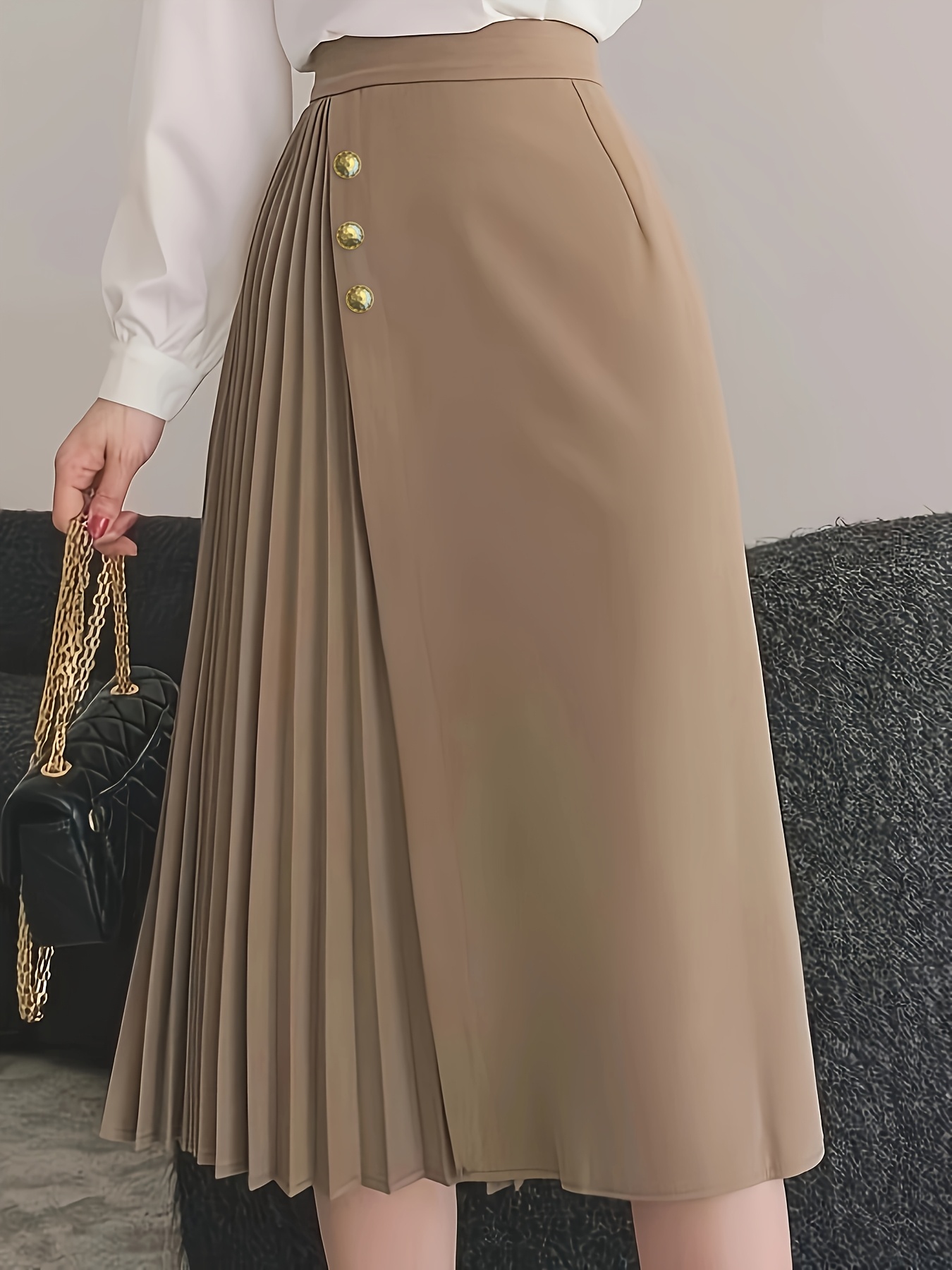 Highwaisted Elegant Beige Pleated Midi Skirt Women