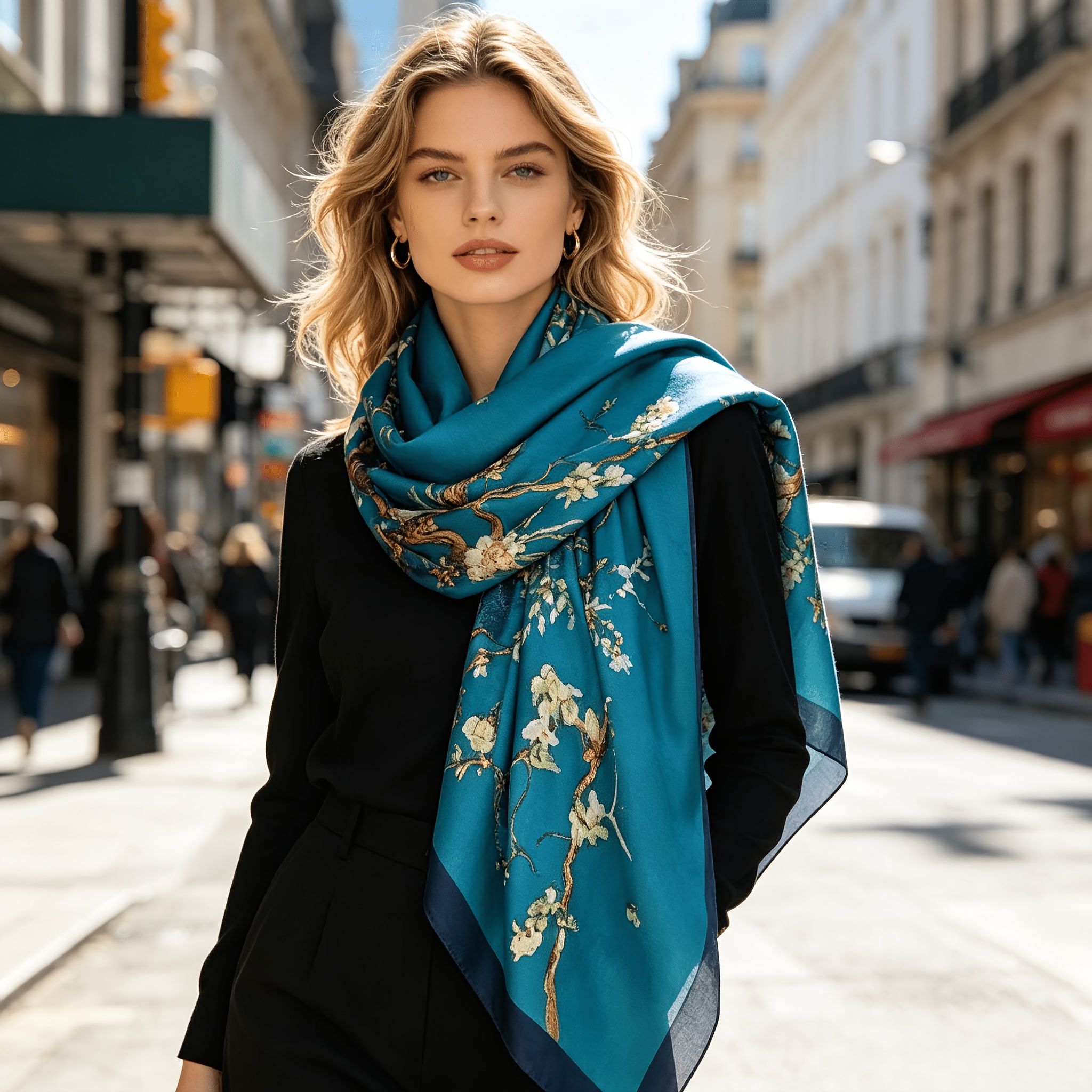 TEMU Retro Branch Satin Scarf Women's New Chinese Style Large Shawl Spring And And Thin Long Scarf Cheongsam Dress Outerwear Holiday Sunscreen Scarf