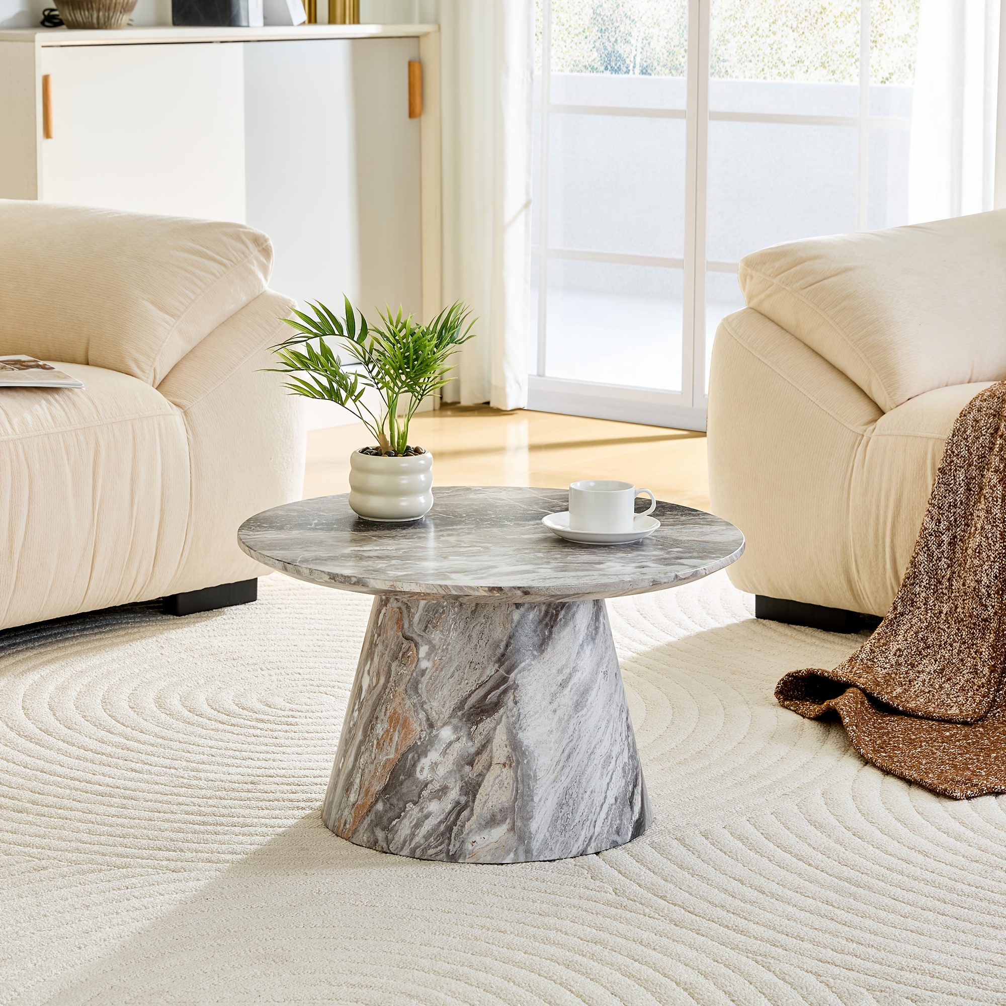 Round Coffee Table 23.6 Inch Modern Minimalist Small Space-Saving Low Table with Smooth Tabletop & Engineered Wood/MDF Top, Suitable for Living Room, Bedroom, Apartment, Office - Assembly Compact Circular Furniture for Small Spaces